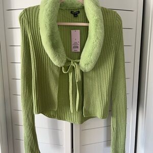 Wild fable Ribbed Tie-Front Cardigan with Faux-Fur Collar - Lime Green
